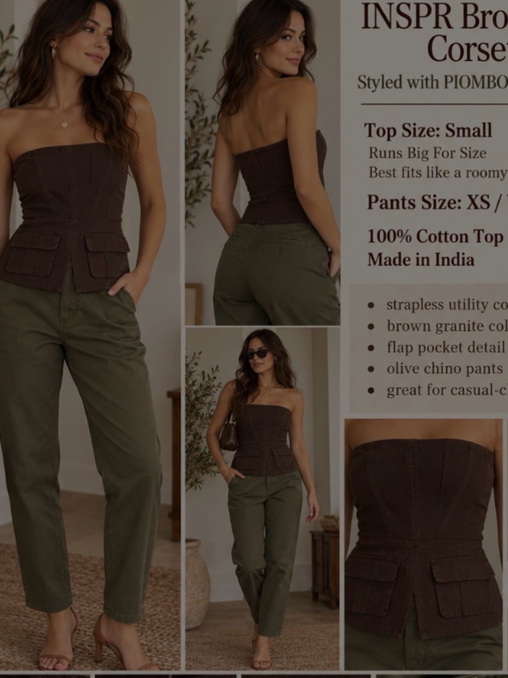 Brown Granite Strapless Corset Top with Olive Chino Pants